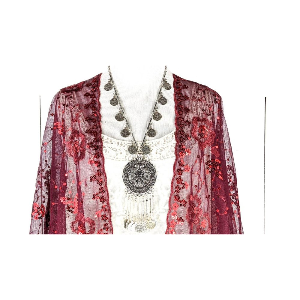 Red sheer net sequin floral kimono cover up fringe  jacket - Picture 4 of 5